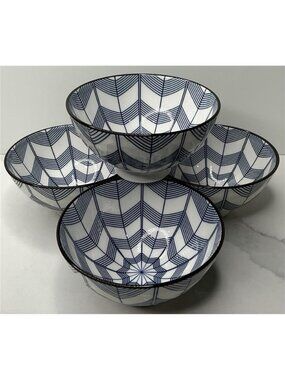 4 Blue and White Ceramic Bowls 4.7in SH Home Small Dessert bowl 10 oz New